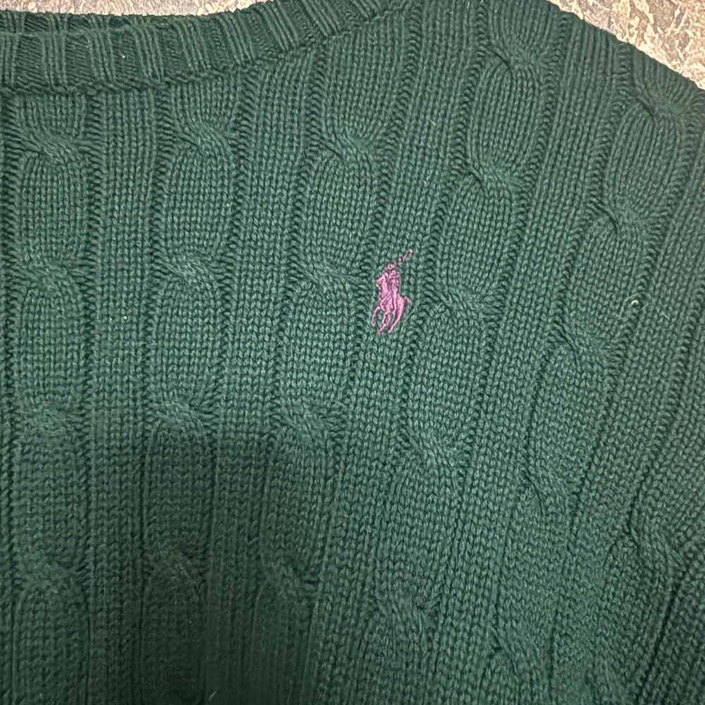 Vintage Ralph Lauren Green Cable Knit Polo Sweater with Pink Pony